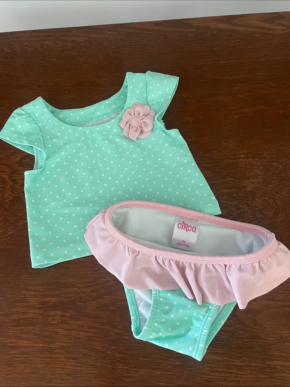 Circo Mint Green Polka Dot Swim Top and Pink Ruffle Bottom 9 months like new